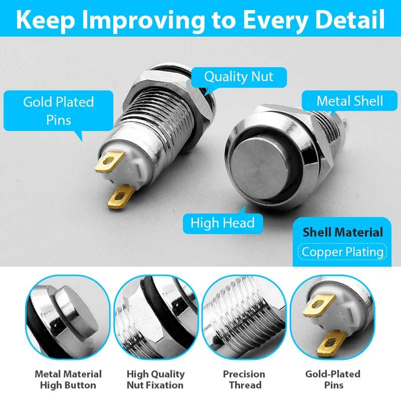 

1pc 8mm Self-reset Momentary Self-locking Latching Metal Push Button Switch 2pins high head 2v3v5v12v24v220v