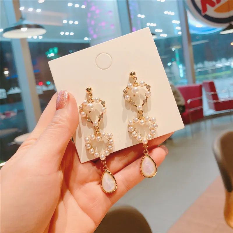 2019 New Korea Style Silver Pin Hollow Alloy Imitated Pearl Heart Cute Drop Earrings for Girl Women Fashion Jewelry Accessories | Украшения