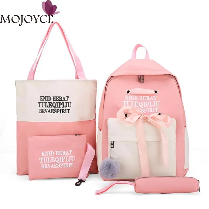 

Women Rucksack Contrast Color Shoulder Bags 4pcs Sets Teenagers Girls Casual Large Ribbon Bowknot Student School Travel Backpack