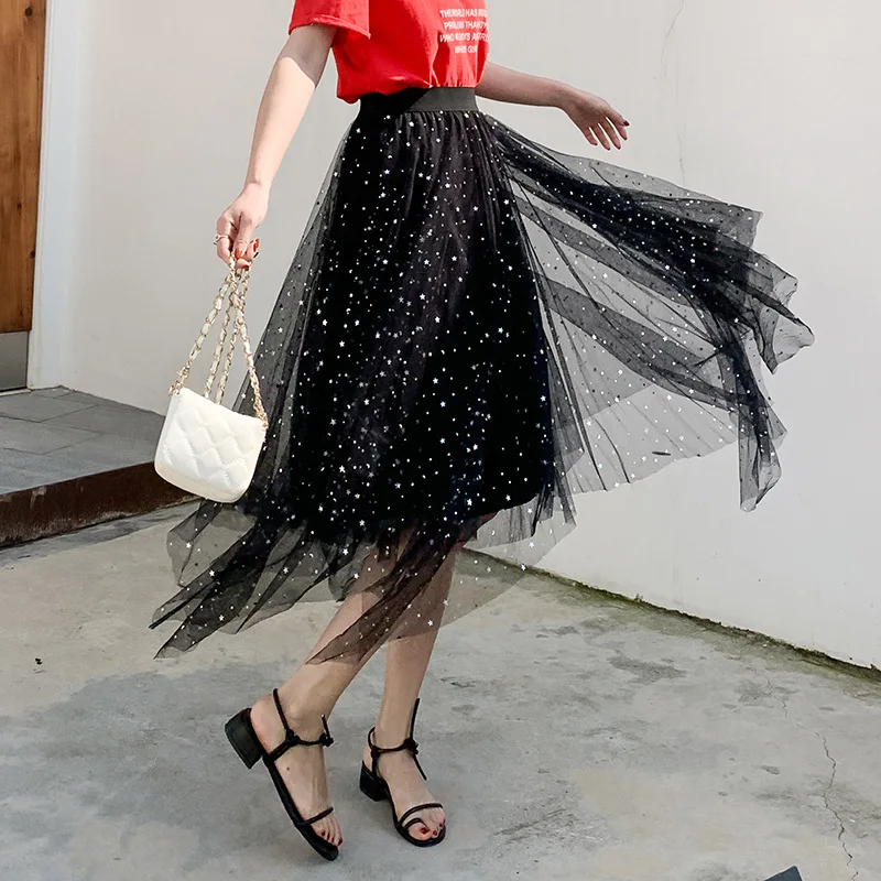 

Star Irregular Mesh Dress Women's 2019 New Style Early Spring Mid-length Haze Blue Fairy Skirt Industrial Gauze Skirt
