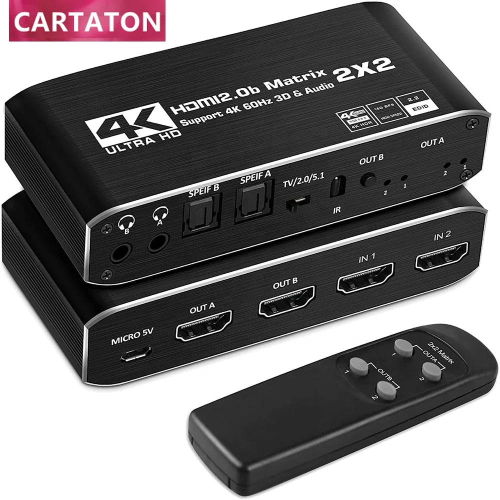 

Матрица HDMI 2x2 4K @ 60 Гц, HDMI матричный выключатель 2 в 2 с ИК-пультом дистанционного управления, поддержка HDMI 2.0b HDCP2.2 HDR10 Ultra HD 3D