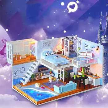 

Mini DIY Wooden House DIY Doll House with LED Lamp Model Model Gift Valentine's Hand-assembled Kit Furniture Day Toy B9H6