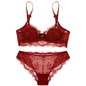 

SIDDONS Sexy Gather Bras Women Underwear Set Cotton Brassiere solid Colour flower Lace Bra three quarters ladies Lingerie