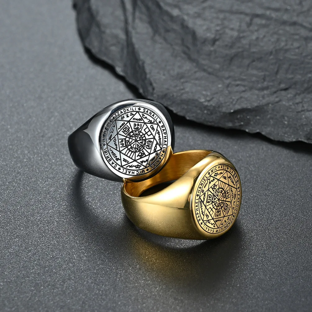 Stainless Steel Ring The Key of Solomon Seal the Seven Archangels Ring Amulet Male Jewelry