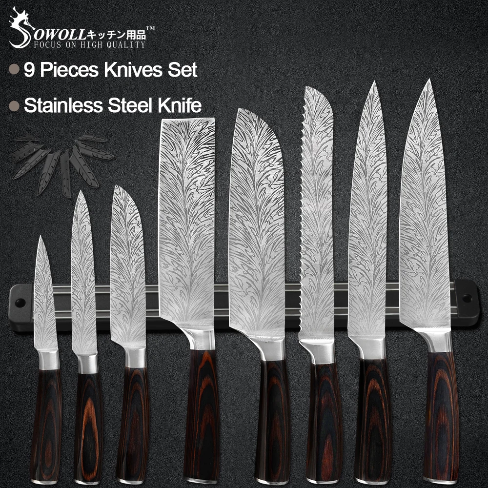 Sowoll Kitchen Chef Knives Set Stainless Steel Sharp Blade Knife Holder