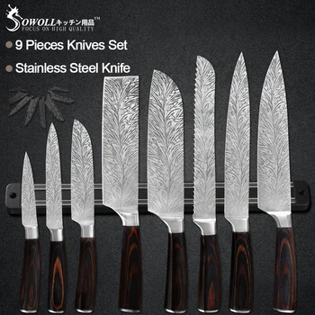 

Sowoll Kitchen Chef Knives Set Stainless Steel Sharp Blade Knife Holder Damascus Veins Sharp Blade Magnetic Wall Knife Holder