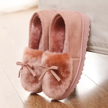

2019 Winter Shoes Woman Faux Fur Indoor Slippers Bowtie Slip-on Female Home Floor Slipper Warm Soft Ladies Cotton Slippers