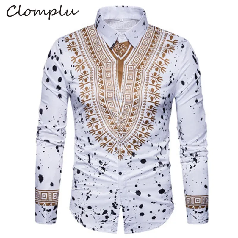 Clomplu африканская одежда Дашики Мужская модная дизайнерская рубашка в африканском стиле с принтом Дашики с длинными рукавами белая красная африканская мужская одежда - Цвет: Белый