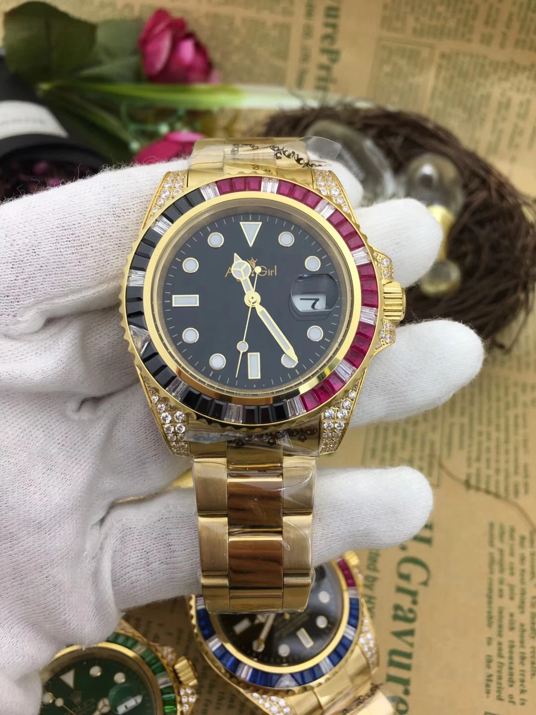 

LuxuryNew Brand Men Automatic Mechanical Rainbow Diamonds Stainless Steel Gold Black Blue Green Classic Gent's Watch SUB