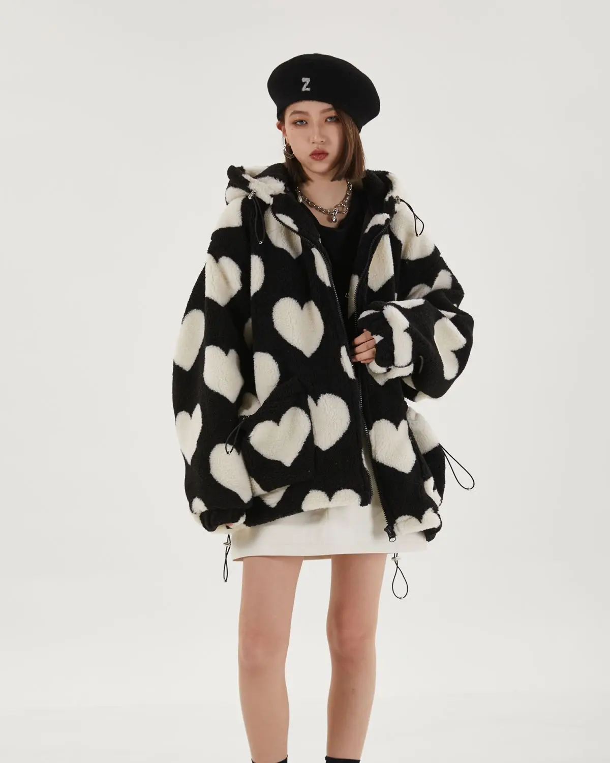 Student Hooded Cotton Women's Hearts Print Fur Jacket - true deals club