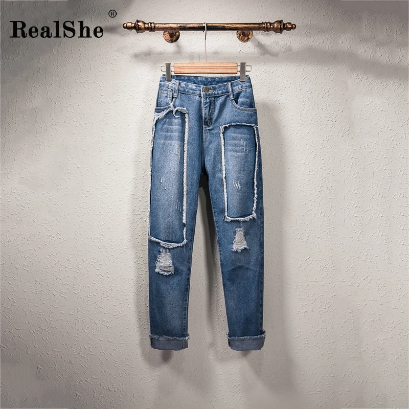 

RealShe Jeans Woman 2019 High Waist Buttons Pockets Hole Trouser Women Spring Autumn Casual Streetwear Women Jeans Plus Size