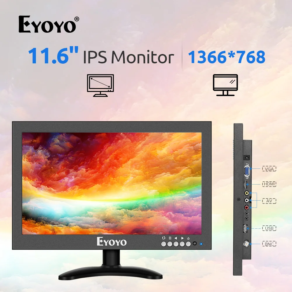 Eyoyo 12" HDMI IPS CCTV Monitor 1366x768 16:9 170° wide viewing Metal Housing LED Screen Support VGA/AV/BNC Built in Mircophone |