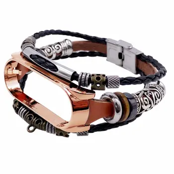 

For Mi Band 4/5 Bracelet Retro Genuine Leather Wristband Strap for Mi Band 4/5 Accessory Metal Case Watchband for MiBand