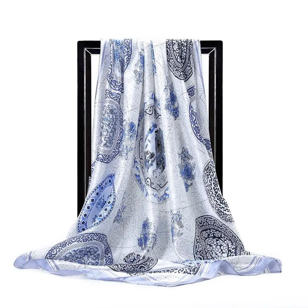 

Women Scarf Silk Shawls Fashion Blue Floral Print Square Foulard Satin Sjaal bandana Handkerchief Big Size 90*90cm Head Scarves