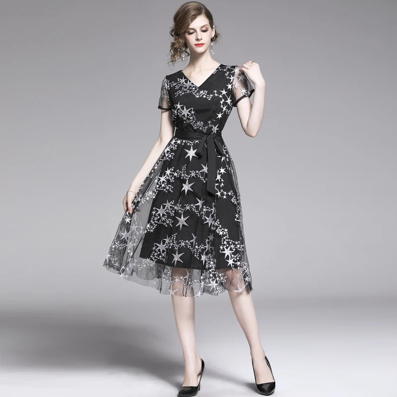 

HAMALIEL New Women's Mesh Vestidos Summer Embroidery Five-pointed Star Bling Party Belt Dress Fashion Short Sleeve Tulle Dress