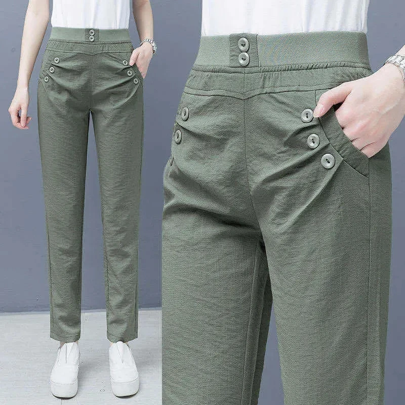Women Ice Silk Cotton Linen High Waist Trousers 2024 Female spring New Style Loose Thin Fashion Casual Straight Harem Pants A403