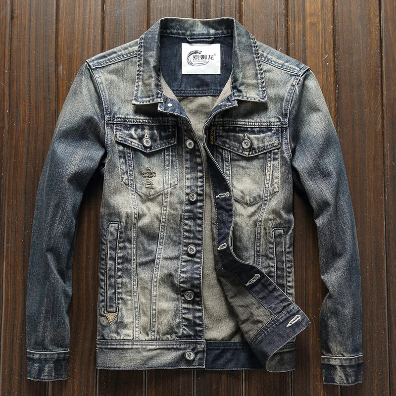 

Hi-Street, потертая Потертая джинсовая мужская приталенная уличная одежда, винтажная куртка в стиле хип-хоп, Прямая поставка