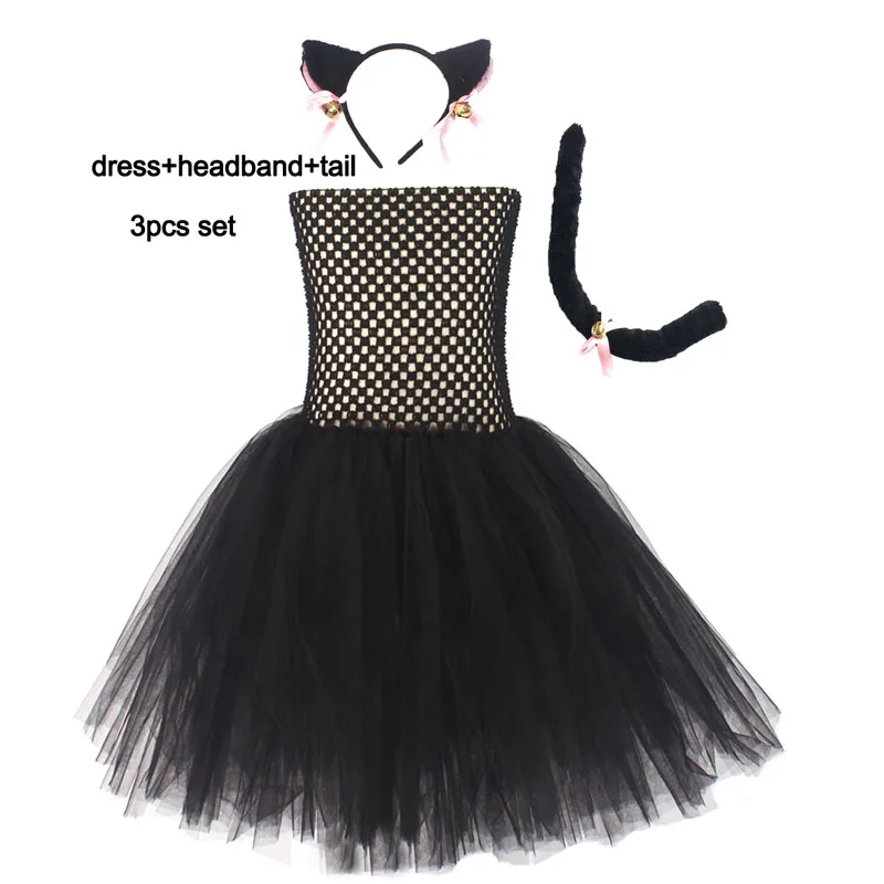 Детское нарядное платье-пачка с изображением ведьмы и черного кота; маскарадный костюм на Хэллоуин для девочек; нарядная одежда для маленьких девочек на день рождения с изображением животных - Цвет: 3pcs set