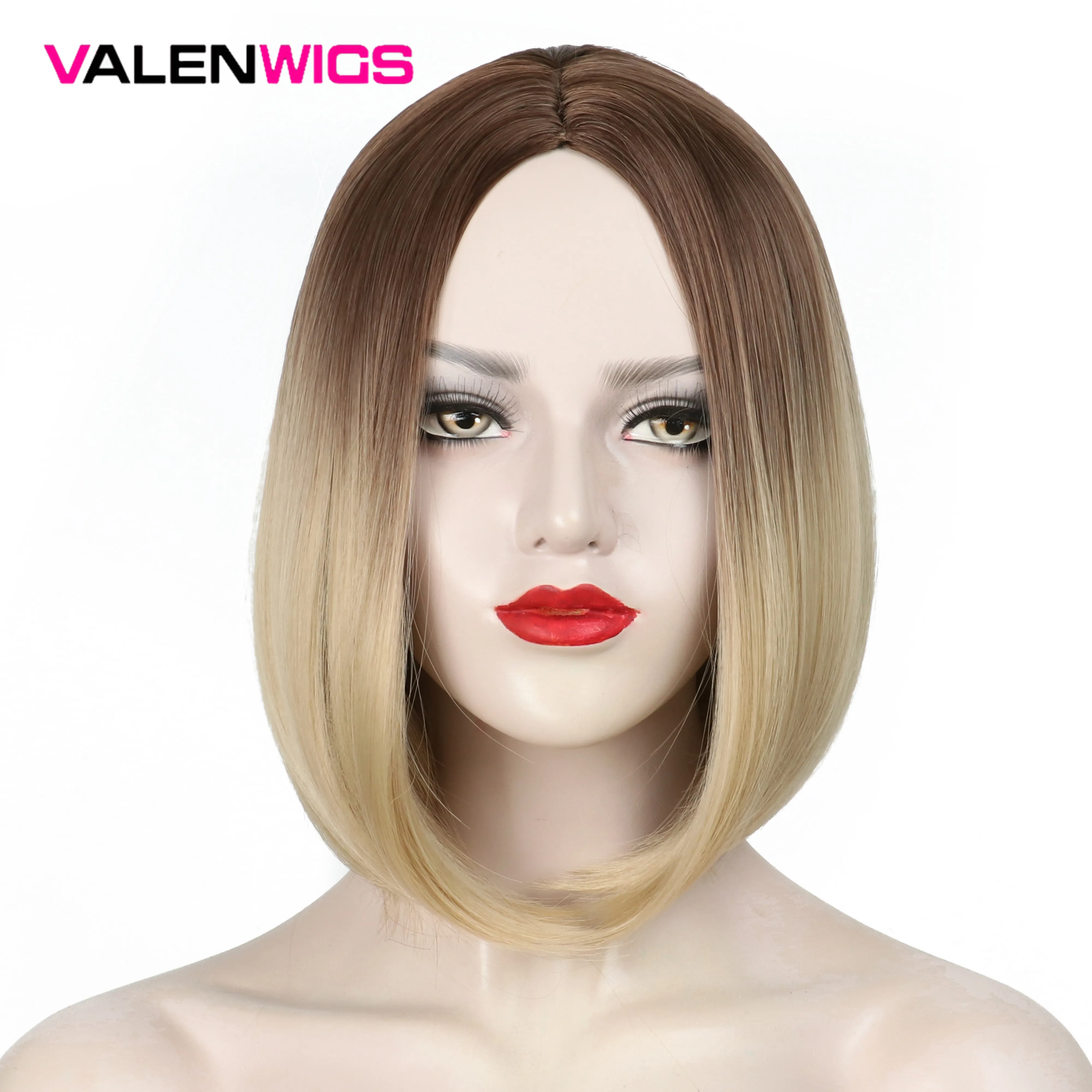 Valenwigs 12 ''прямые волосы синтетический парики средней части эффектом деграде(переход от темного к Цвет два тона коричневый блонд парики из натуральных БОБО Стиль для Для женщин