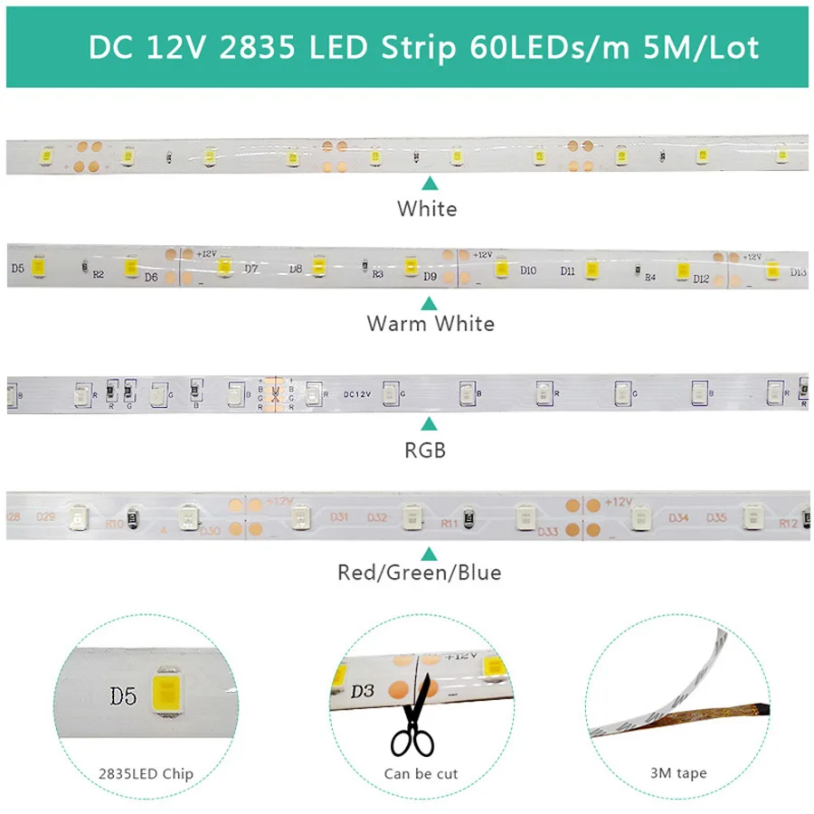 best buy led light strips 5M Led Strip 5050 2835 Rgb Tape 12v Waterproof White Light For Room Decoration Kitchen Garland Ribbon Outdoor Lighting Cabinet 24v led strip