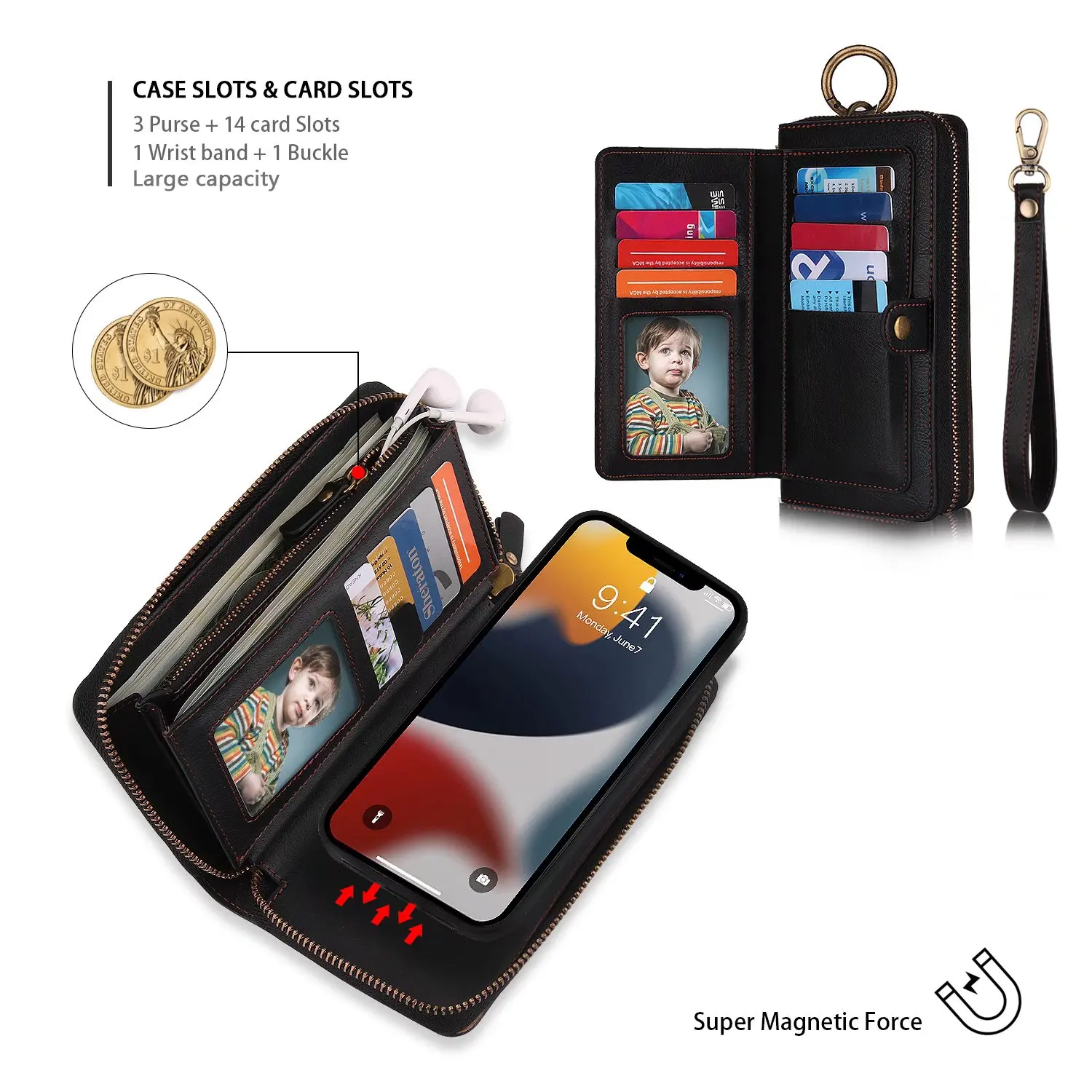 POLA Case For Iphone 15 Pro Max 14 Plus 13 12 11 Multifunction Zipper Business Leather Magnetic Wallet Split Cover