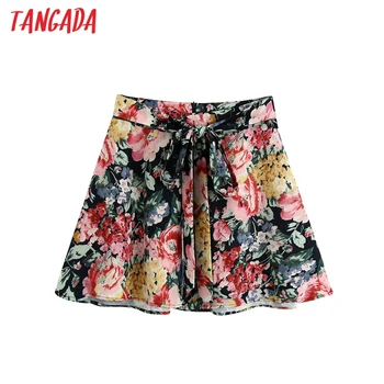 

Tangada women floral print A-line skirts with slash back zipper summer female Elgant mini skirt ladies BE882