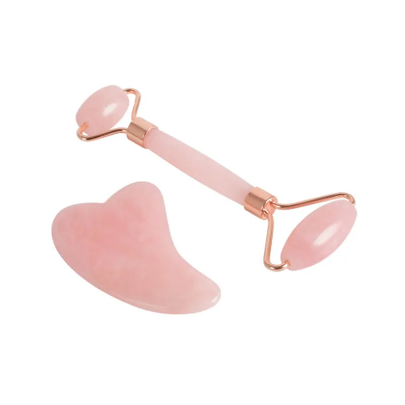 

2pc Portable Face Lift Massager Crystal Roller Set Facial Massage Jade Roller Natural Rose Quartz Stone Beauty Roller Tool Gift