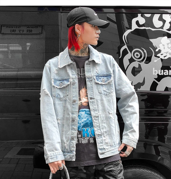 AELFRIC винтажные с буквенным принтом мужские джинсовые куртки Harajuku Хип Хоп с отверстиями и длинными рукавами модная уличная мужская верхняя одежда пальто