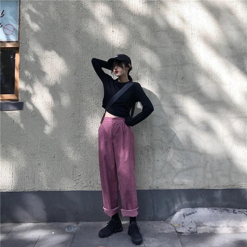 Модное платье из вельвета с высокой посадкой Брюки Для женщин Harajuku стиль сафари Повседневное однотонные гаремный с широкими штанинами брюк женский розовый белый низ
