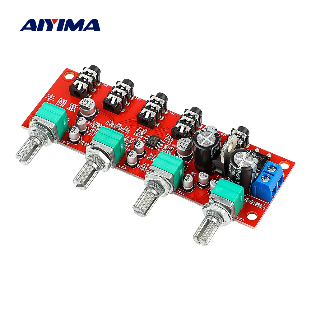 AIYIMA 4 Ways Stereo Mixer Board Audio Source Reverberator Driver headphone amplifier Mixing Board DIY Four inputs one output aiyima 2way music preamplifier micophone amplifier board karaoke mixing amplification computer audio signal mixer board dc 12 24