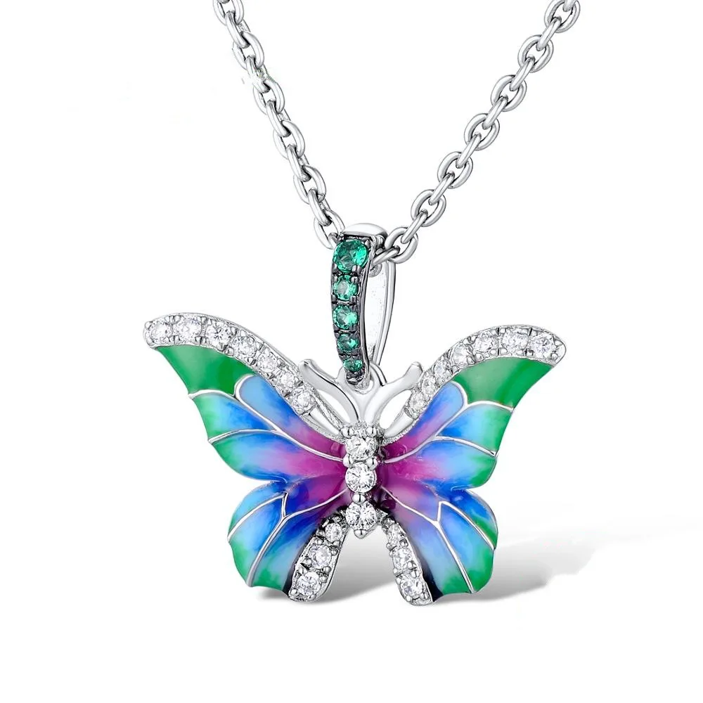 Ladies Elegant Butterfly Flower Silver Pendant Necklace Colorful Enamel Green Zircon Charm Sweater Necklace Banquet Jewelry