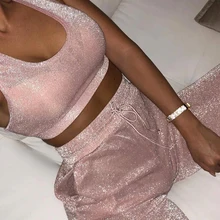 Sexy Short Two Piece Set Crop Tops And Casual Women Pants Pink Bodycon Matching Sets Summer Clothes For Women
