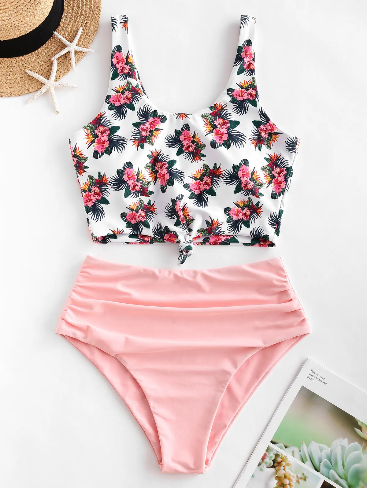 ZAFUL Women Flower Print Knot High Rise Tankini Swimsuit High Waisted Ruched Tankini Bathing Suit Contrast Two Piece Swimwear