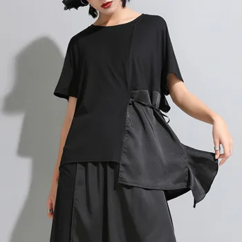 

Rosetic Fashion T-Shirt Women 2020 Summer Korean Chic Tops Tees Fake Two Piece Gothic Tshirt Lace-up Loose Female Goth T Shirts