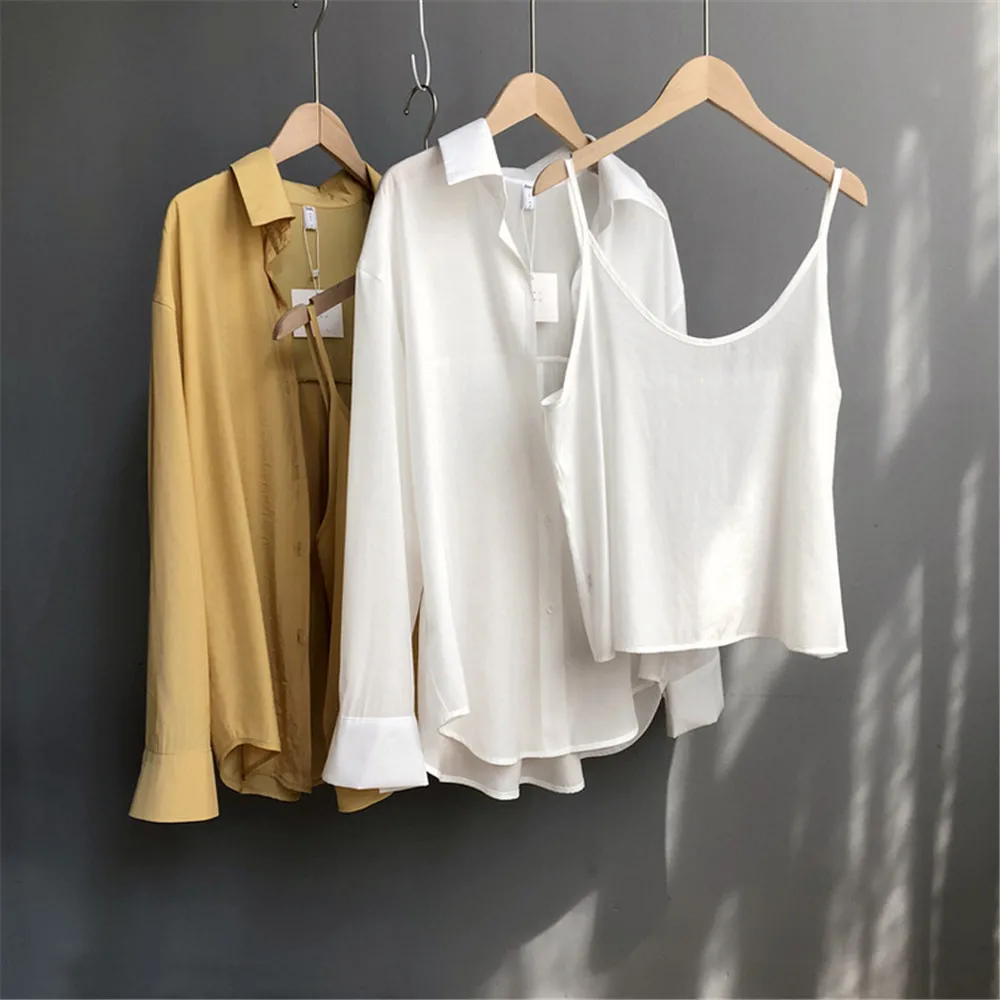 High quality 2pcs Women Blouse Shirt 2020 Summer Solid All match Satin Blouses Shirts Femal Blouse+halter tops Z1082 (43)