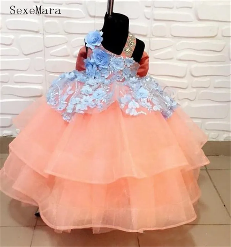 

SexeMara Ball Gown 3d flowers applique lace baby girls birthday party dress infant toddler clothes with bow