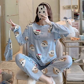 

New Autumn Pajamas Set Lovely Pink Pijama Women Sleepwear Cotton Nightwear Lounge And Sleep Pyjama Femme Large Size