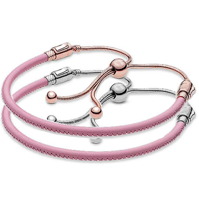 

Original Rose Moments Pink Leather Adjustable Sliding 925 Sterling Silver Bracelet Fit Europe Bangle Bead Charm DIY Jewelry