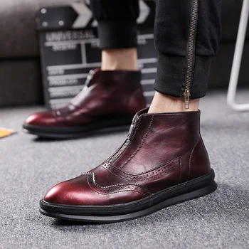 

mens fashion carving bullock boots genuine leather brogue shoes pointed toe platform chelsea boot spring autumn ankle botas male