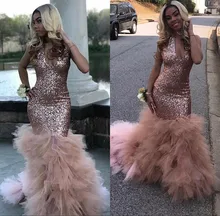 

vestido de gala Sexy Black Girls Mermaid Pink Prom Dresses Sequined African Ruffled Train Long Formal Evening Party Gowns