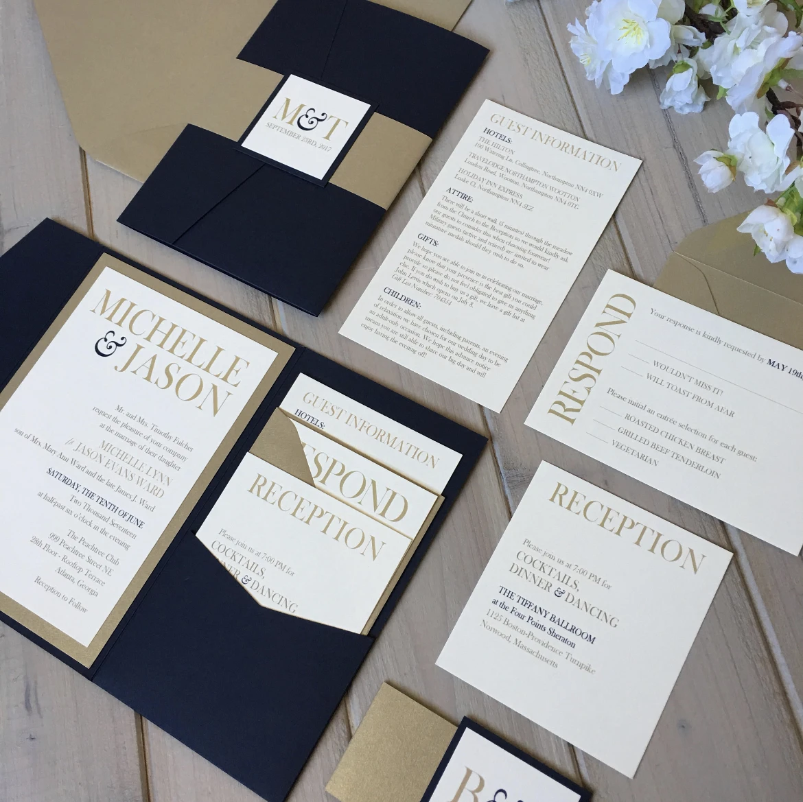 Navy and Gold pocket wedding invitation，Monogram and Elegant wedding invitation，50/100pcs