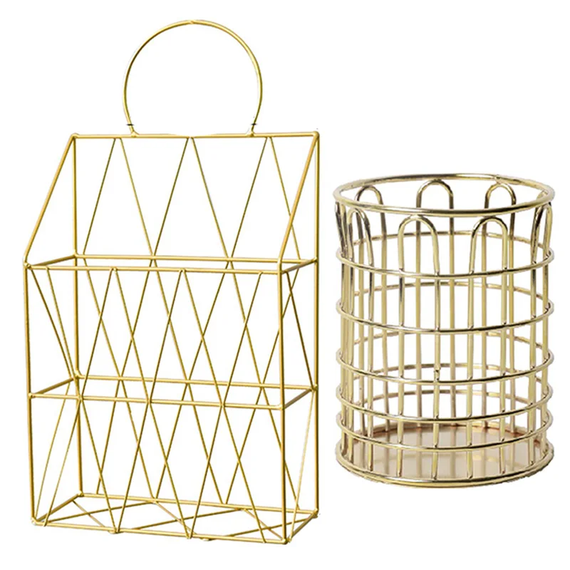 

File Organizer with Pencil Cup Gold Wire Metal Document Storage Holder Magazine Rack for Office and Home, 2 Pack (Hanging)