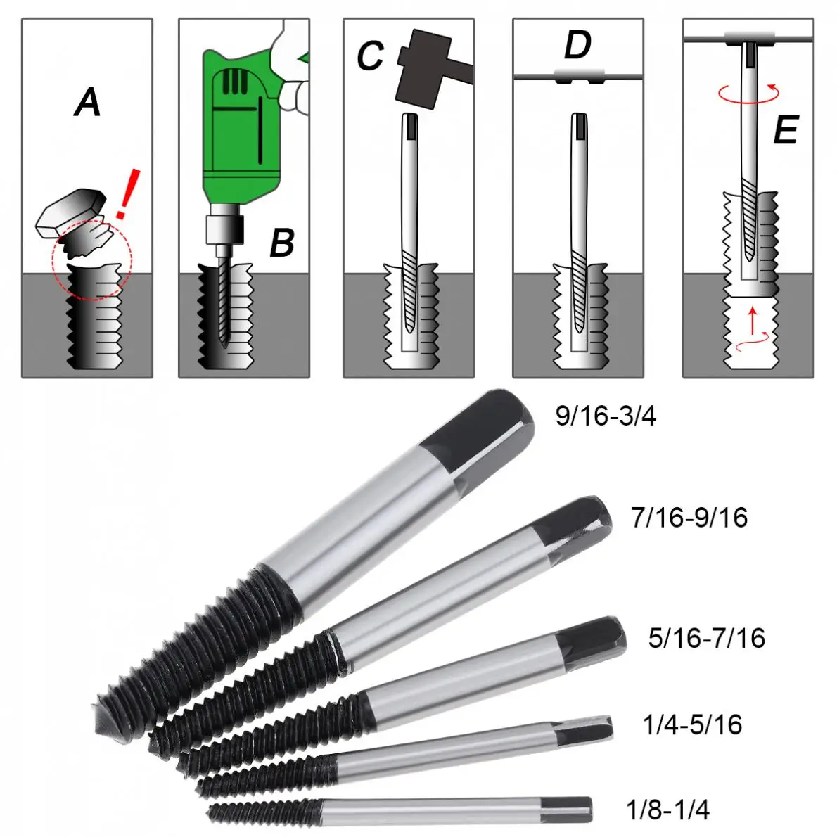 5pcs / Lot Damaged Broken Screw Extractor Easy Out Set Drill Bits Guide