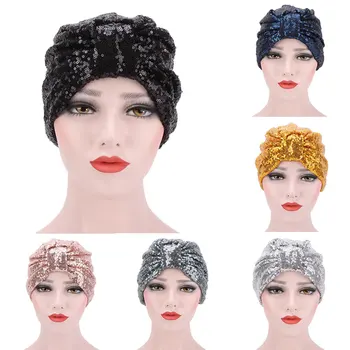 

Casual New Fashion Women Knot Twist Turban Hat Shine Sequins Muslim Indian Chemo Cap Headband Ladies Headwrap Hair Accessories