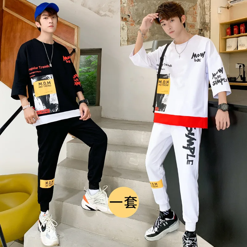 

Hoodie Suit Men's 2020 Autumn Three-quarter-length Sleeve Loose-Fit Two Pieces 1 Case Teenager Students Sports Two Pieces Case B