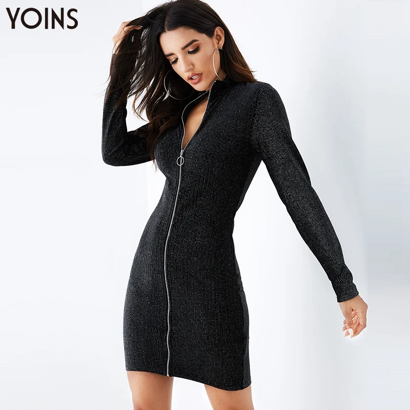 YOINS, Осень-зима, женское облегающее платье, черное, v-образный вырез, Молния Спереди, длинные рукава, сексуальные, вечерние, для клуба, женские платья, блестящий стиль