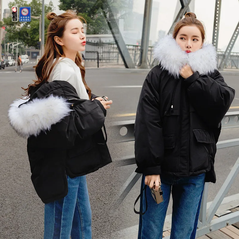 

2018 Winter New Style Loose Cotton Coat Women's Dress Short Thickening Large Fur Collar Korean-style Coat Fashion down Coat Coll