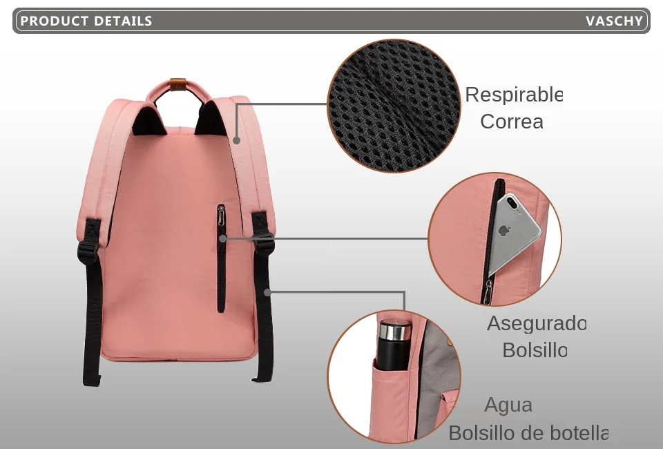 VASCHY Mochila escolar para mujer, bolso de viaje, para ordenador portátil, femenino