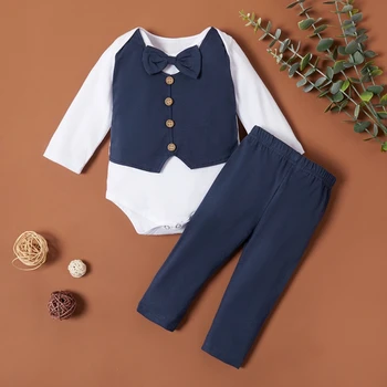 

2Colors Baby's Clothes Two Piece Gentleman Long Sleeved Boys Bodysuit Solid Color Trousers Spring And Autumn 2020