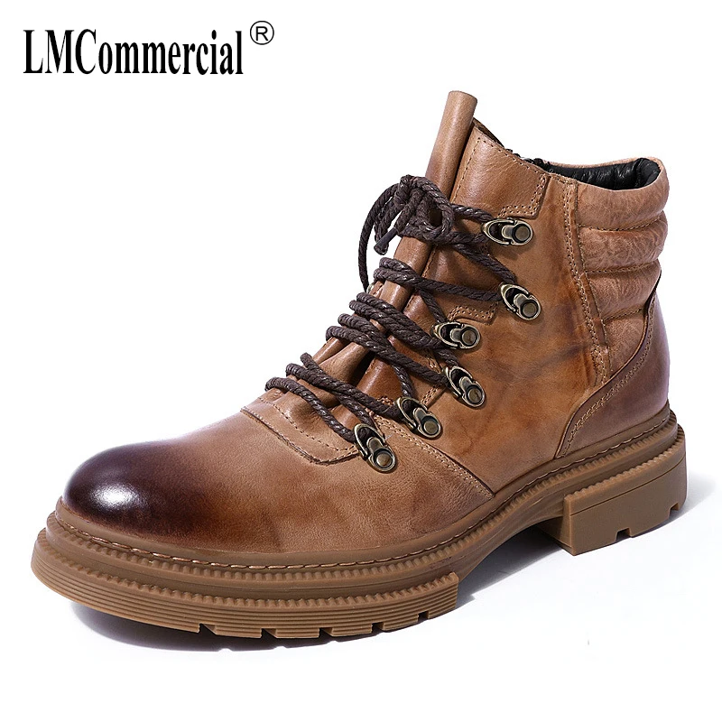 

retro cowhide cowboy short boots men Autumn British high-top Genuine Leather shoes military boots desert boots men breathable